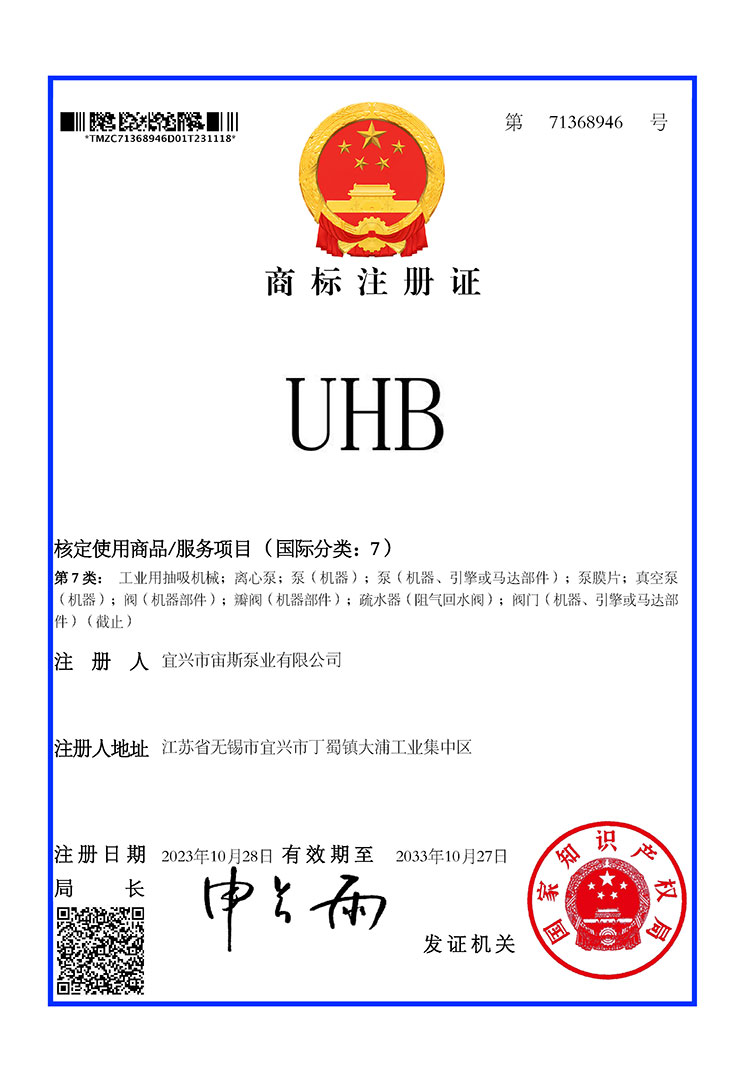 商標(biāo)注冊證：UHB